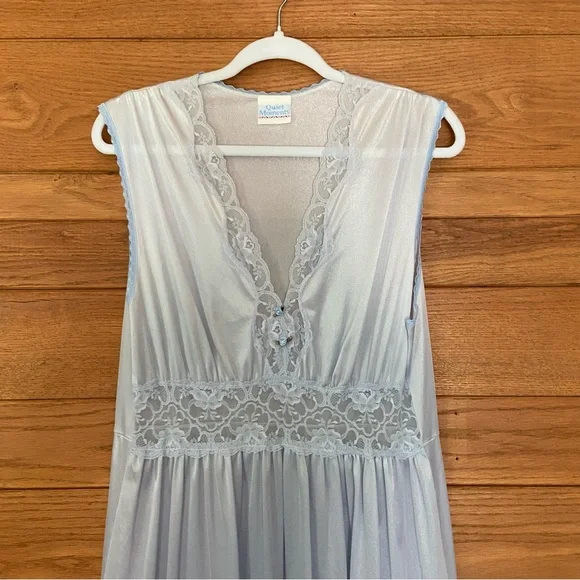 Vintage 80s Quiet Moments blue lace trim rose floral detail maxi slip dress - Picture 2 of 7